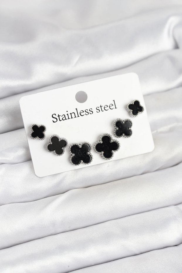 316L Steel Silver Black Rk 3 Size Clover Earring Set