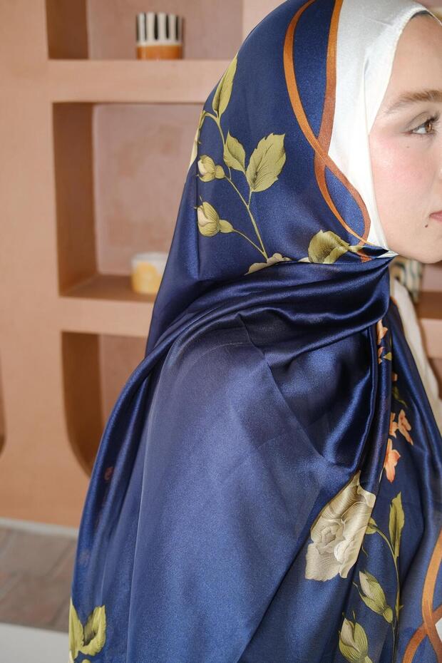Liva Floral Pattern Silk Voile Shawl Navy Blue