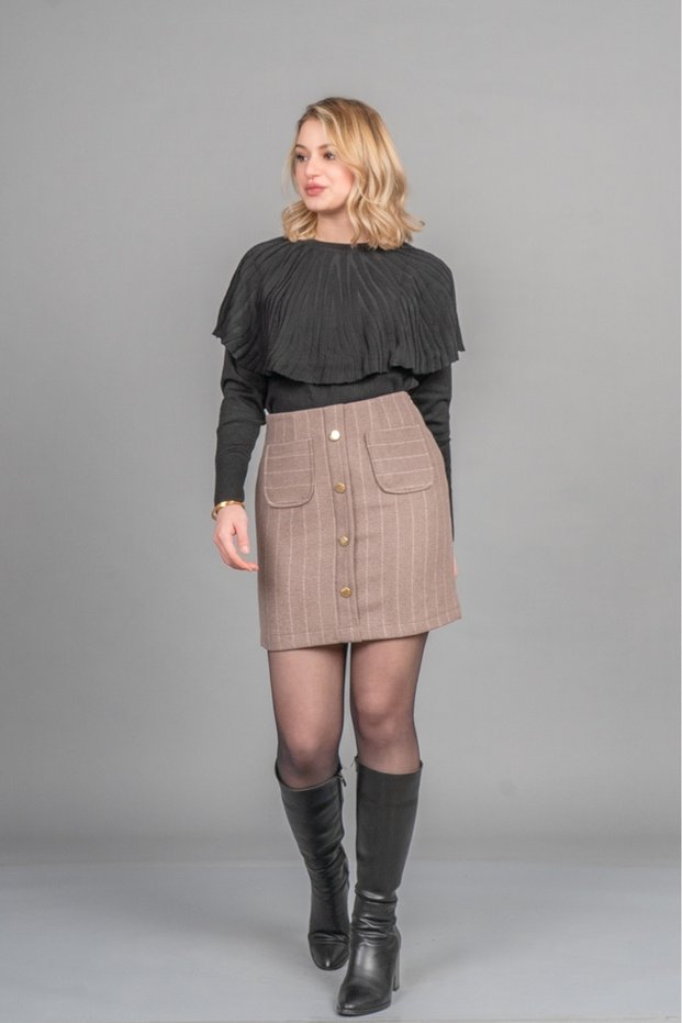Women's Winter Mink Chic Ornamental Button Detailed Striped Mini Skirt 6824