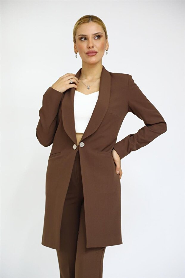 Shawl Collar Pocketed Long Jacket - Bitter Brown