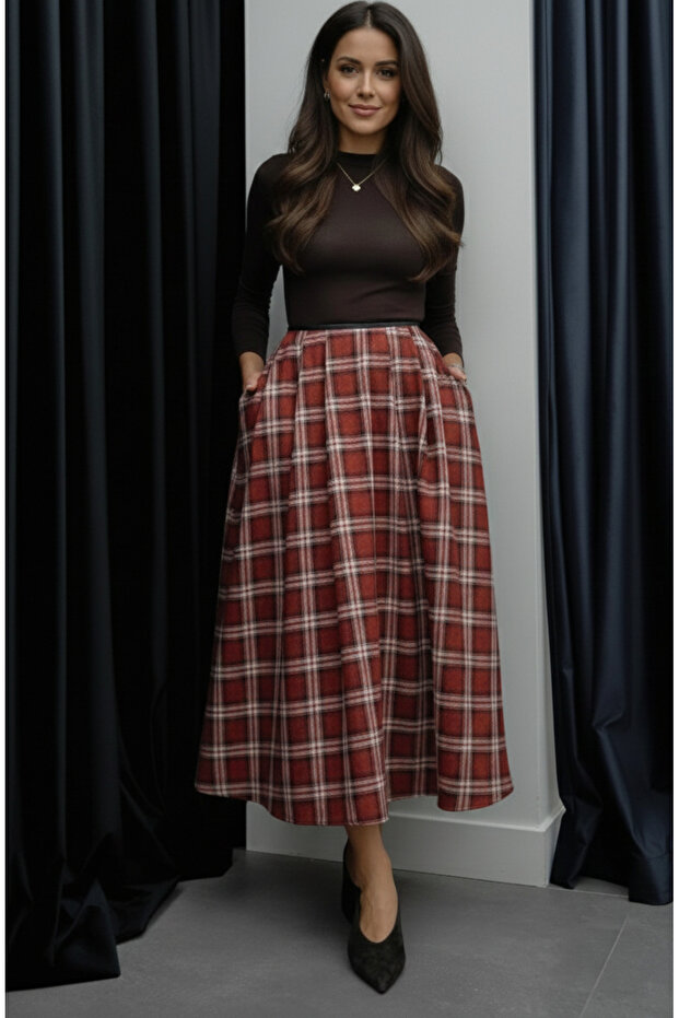 Red Waist Leather Striped Plaid Skirt - 4977