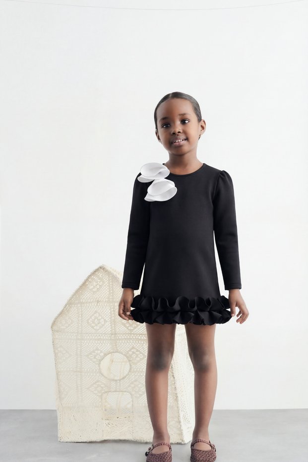 Girls' Cotton Black Bow Flounce Dress - Long Sleeve