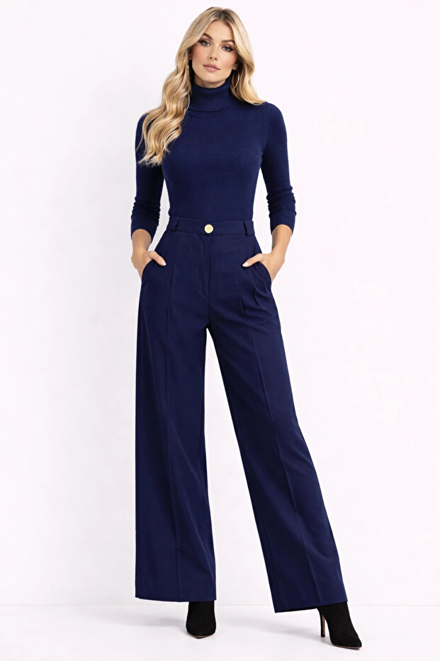 Button Detailed Wide Leg Navy Blue Trousers