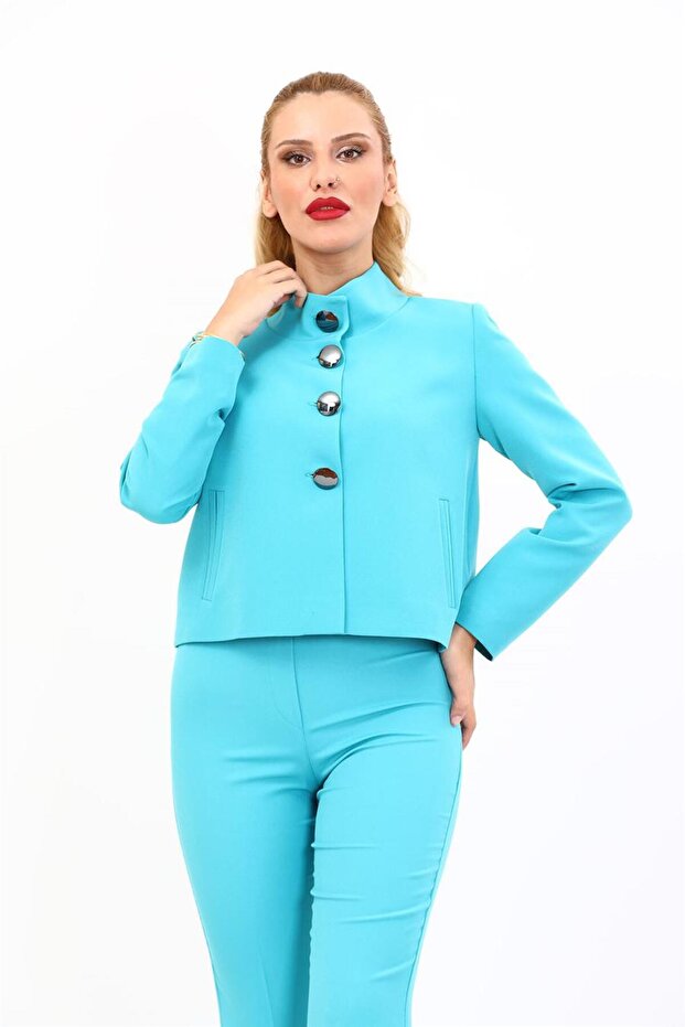 Oval Stand Collar Short Jacket-Turquoise