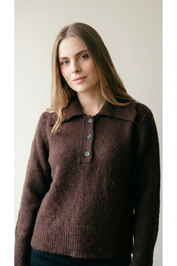 Brown Polo Neck Women's Knit Sweater