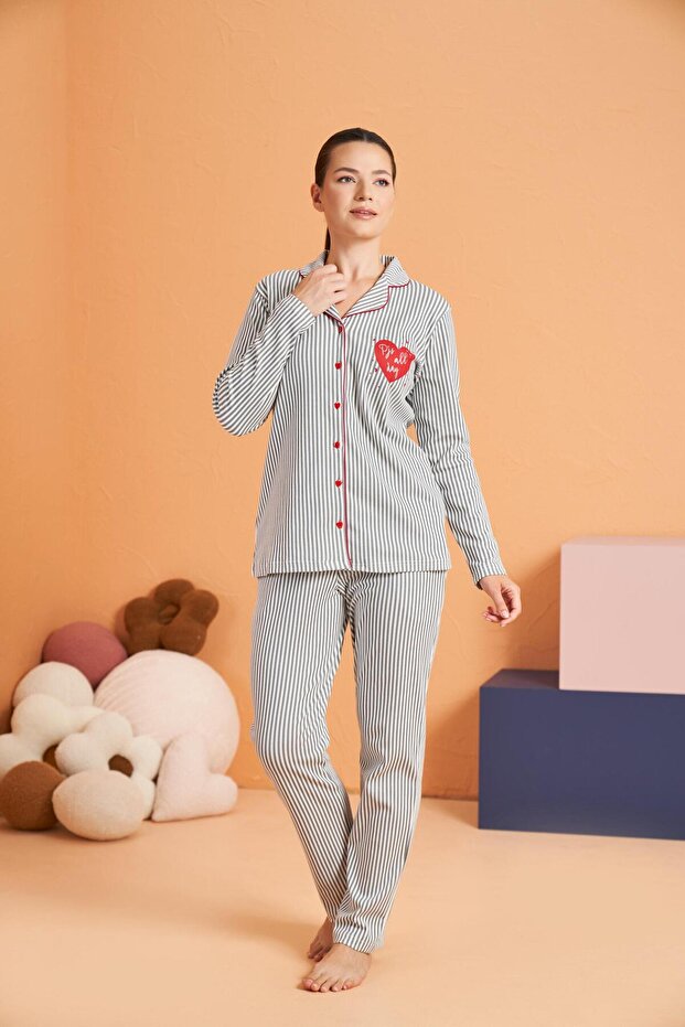 Women's Front Buttoned Shirt Collar Striped Long Sleeve Pajama Set