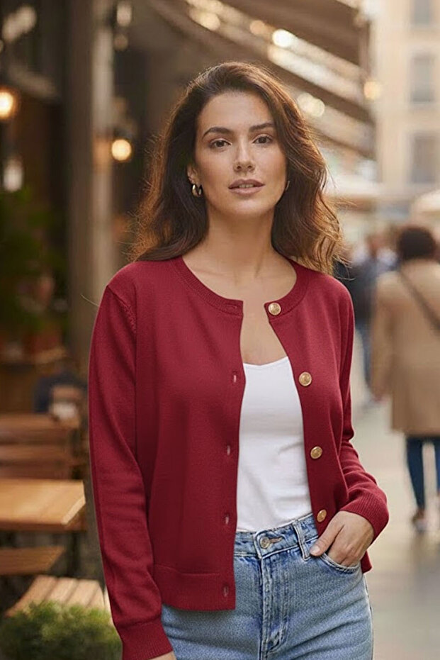Red Soft Textured Buttoned Jacket-Looking Knitwear Cardigan