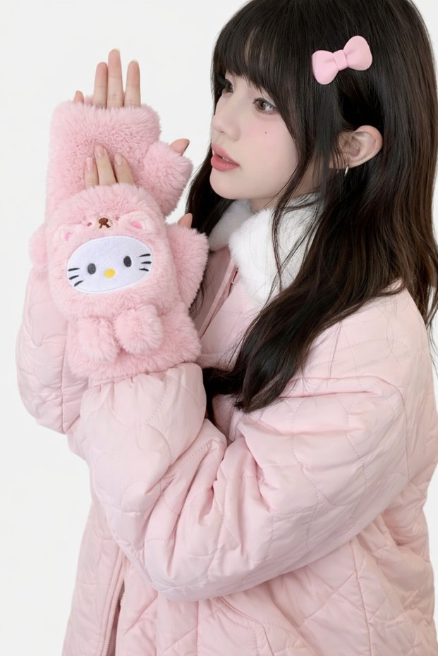 Hello Kitty Winter Snow Gloves Plush Luxury Soft Buttoned Cover Fingerless Boys Girls Children Gift