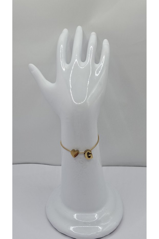 Stainless Steel Gold Color Three-Dimensional Heart Detailed -G- Letter Bracelet