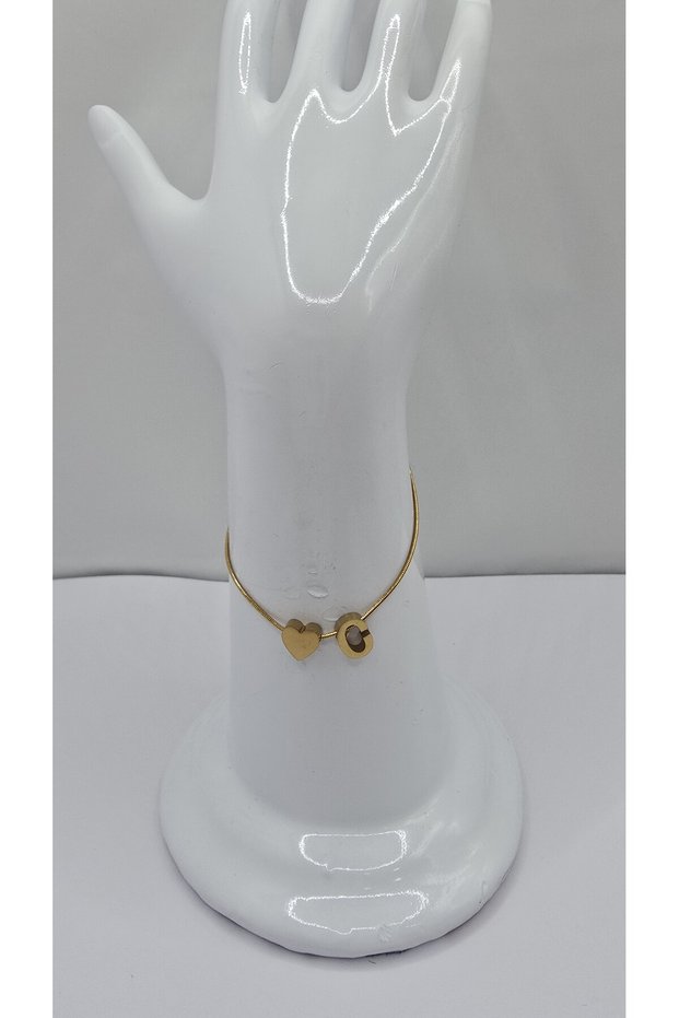 Stainless Steel Gold Color Three-Dimensional Heart Detailed -C- Letter Bracelet