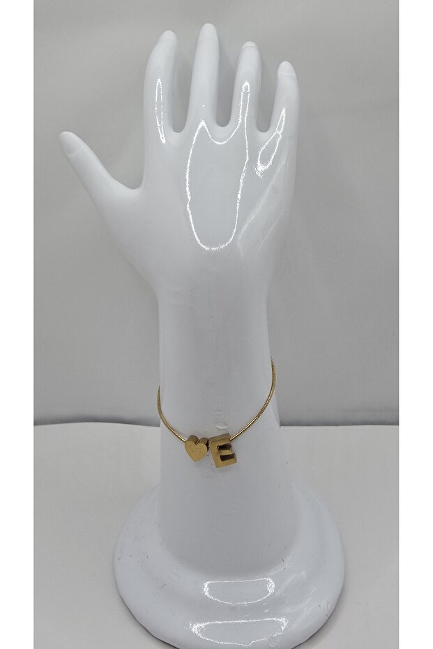 Stainless Steel Gold Color Three-Dimensional Heart Detailed -E- Letter Bracelet
