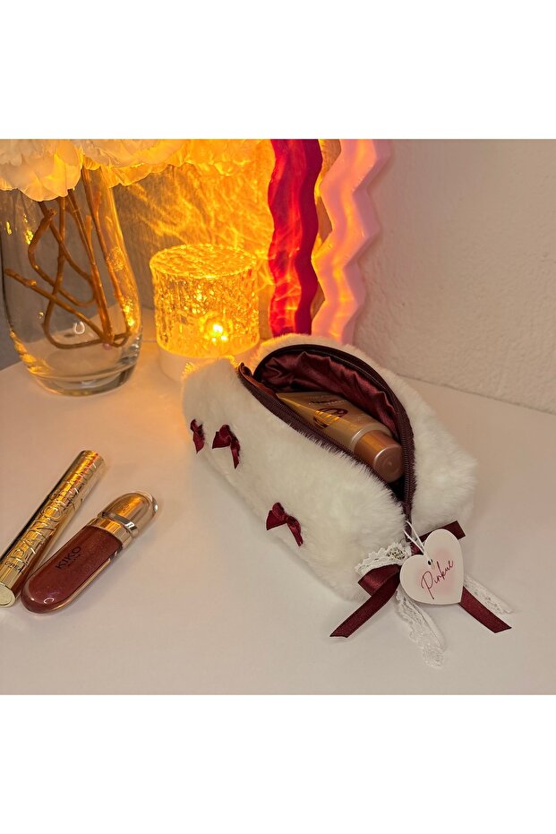 Burgundy Bow Detailed Plush Care Bag/ Makeup Bag/ Pen Holder