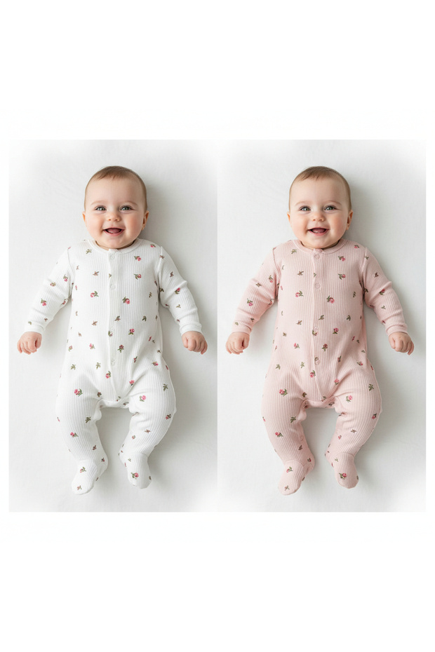 Mi̇lays Powder and Ecru Baby Girl Tulip Patterned 2-Piece Romper Set