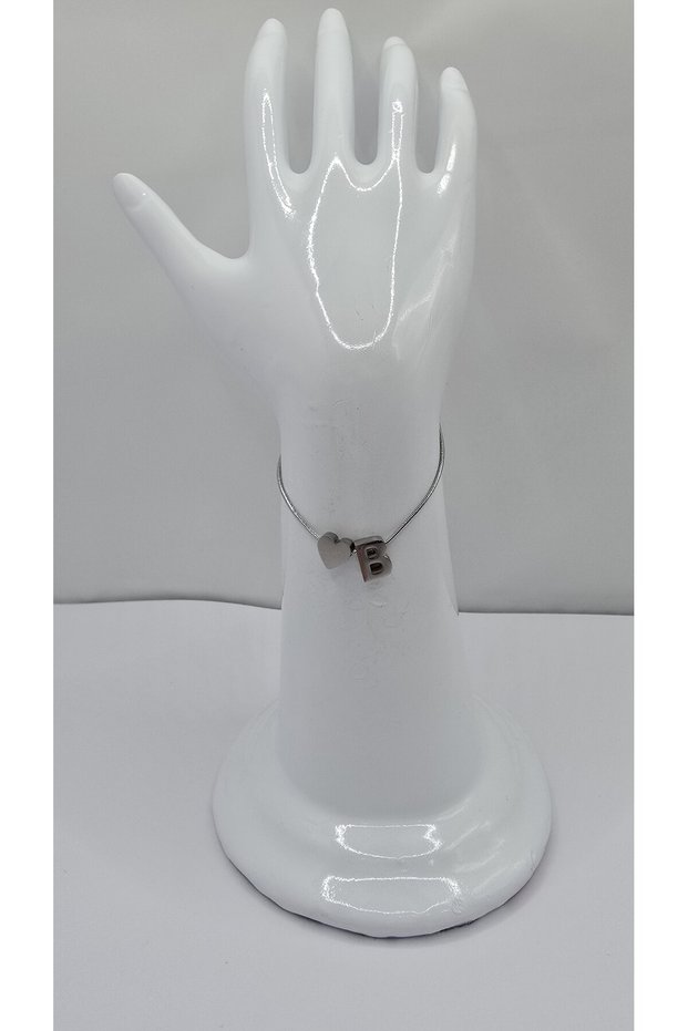 Stainless Steel Silver Color Three-Dimensional Heart Detailed -B- Letter Bracelet