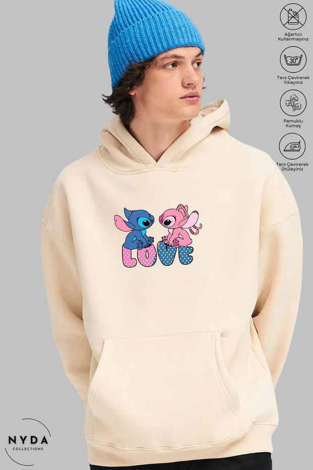 Unisex Hoodie Long Sleeve Stitch and Angel Love Printed Hooded Fleece-Lined Oversized Cotton Sweatshirt
