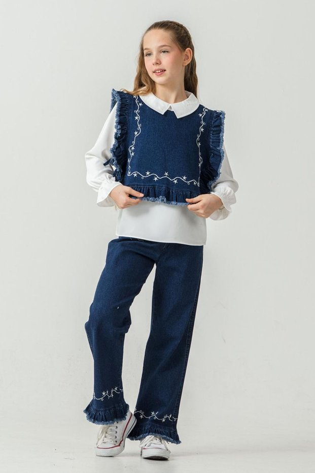 My Little Girl's Ruffle Detailed Denim 3-Piece Set - Dark Blue