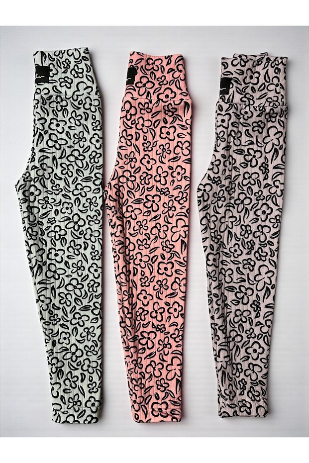 Girl's Flower Pattern Stylish New Season Winter Inner Fleece 3-Piece Leggings Set Pink-Purple-Green Colors 3-12 Years