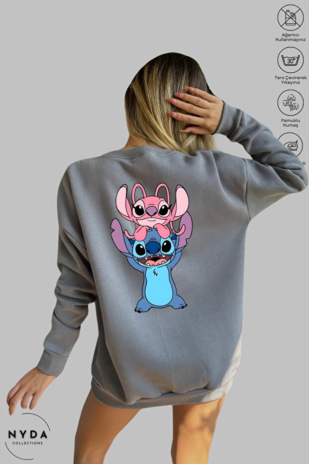 Unisex Long Sleeve Angel and Stitch Back Printed Crew Neck Hoodless Fleece-Lined Oversized Sweatshirt