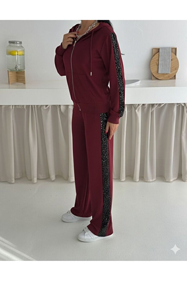 Women's Tracksuit Set Hooded Zip-Up Wide-Leg Side-Striped Sequin Model