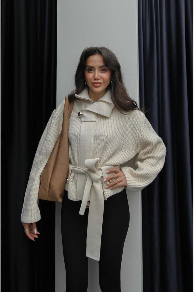 Ecru Zippered Belted Wool Blend Cardigan