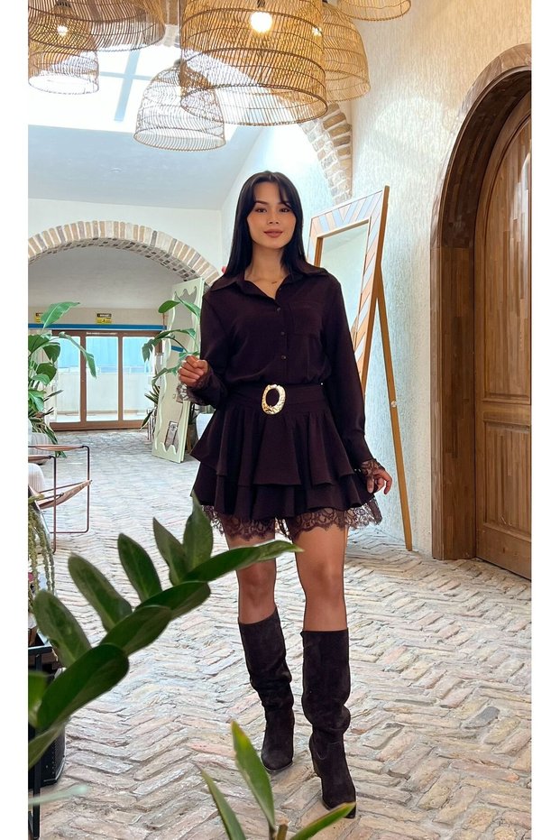 Shirt Collar Pocketed Sleeves Hem Lace Detailed Belted Buttoned Crepe Dress