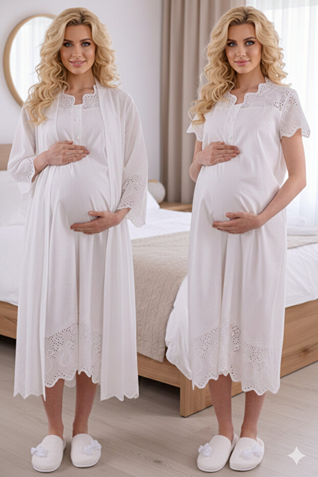 Ecru Fisto Linen Maternity Dressing Gown Nightgown Set