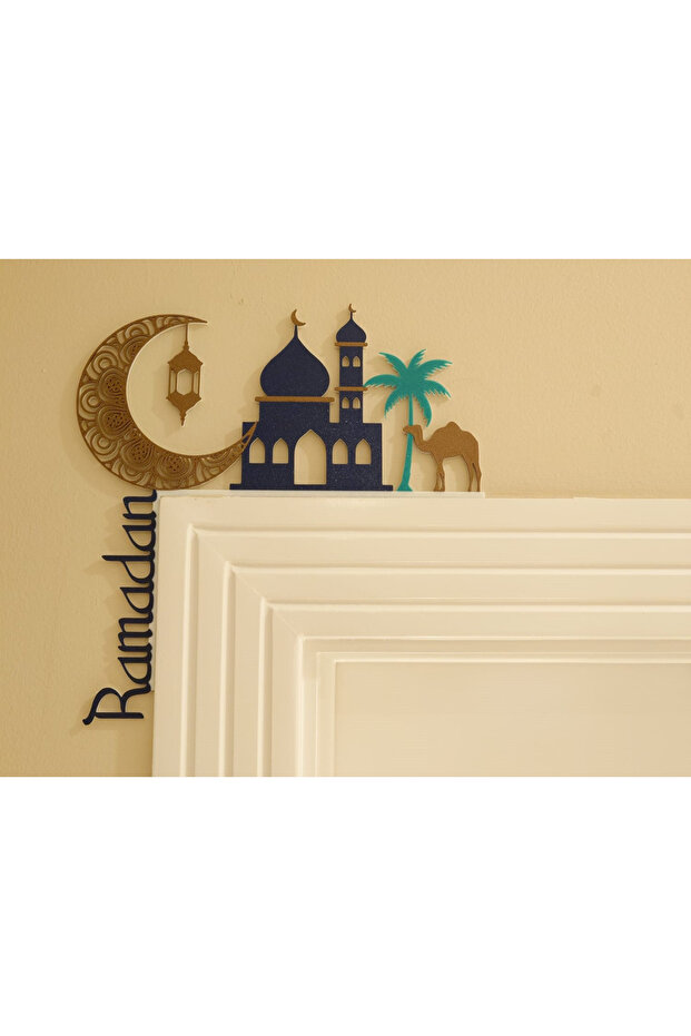 Ramadan Door Top Decor | Gold Detailed Crescent, Mosque and Camel Figure Ramadan Ornament