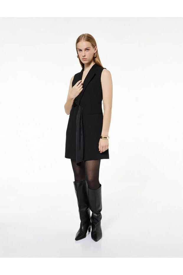 Double-Breasted Collar Belt Detailed Sleeveless Mini Black Women's Dress 6Wak80070Uw
