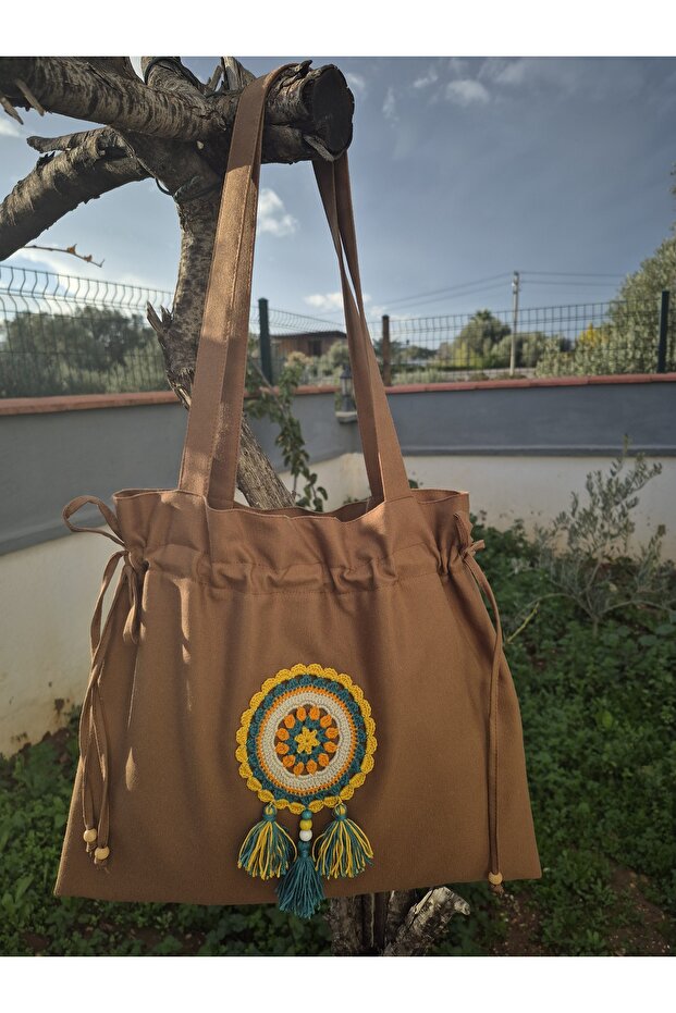 Brown Tote Cloth Shoulder Bag with Drawstring/Tassel Mandala Detail