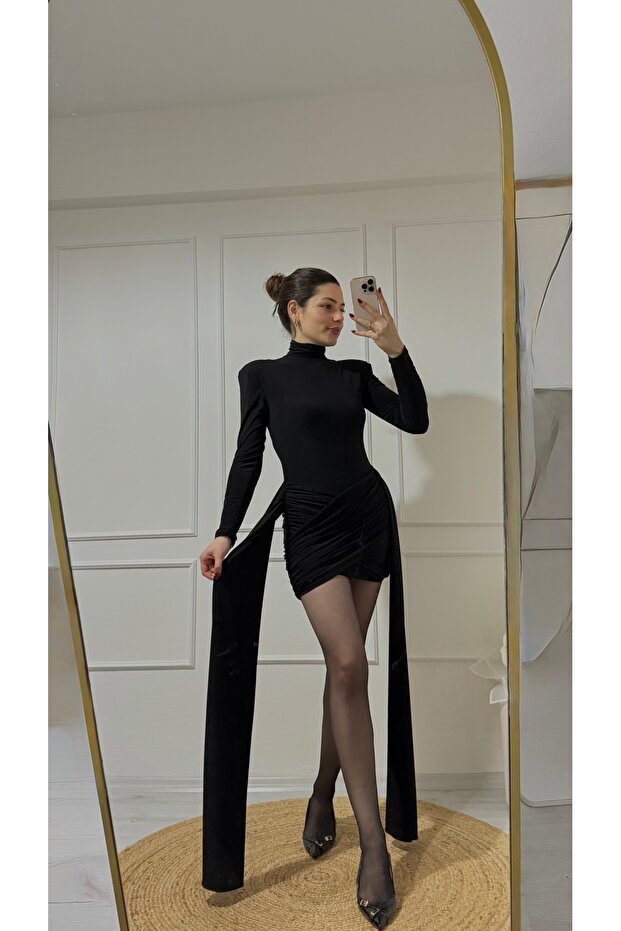 VATKALI DRAPE ETEKLİ ELBİSE - 1