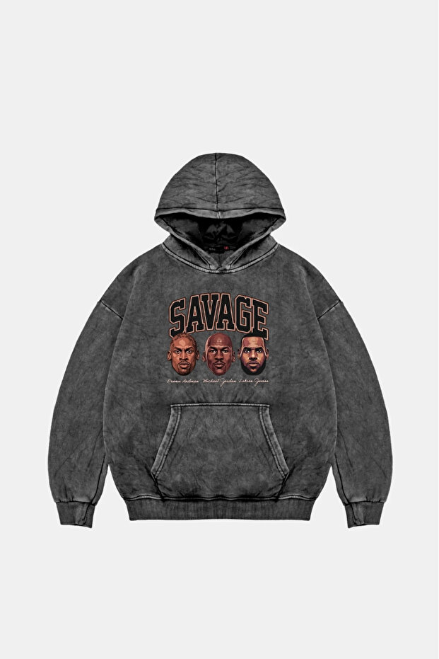 Savage Boys Printed Oversized Unisex Washable Black Hoodie
