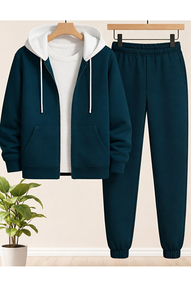 White Hooded Petroleum Blue Cardigan and Trackpants 3-Ply Sharpened