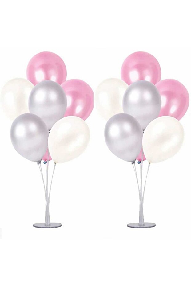 2 Pieces of 7 Balloon Stands and 14 Pieces of Silver - Pink - White Metallic Balloon Set