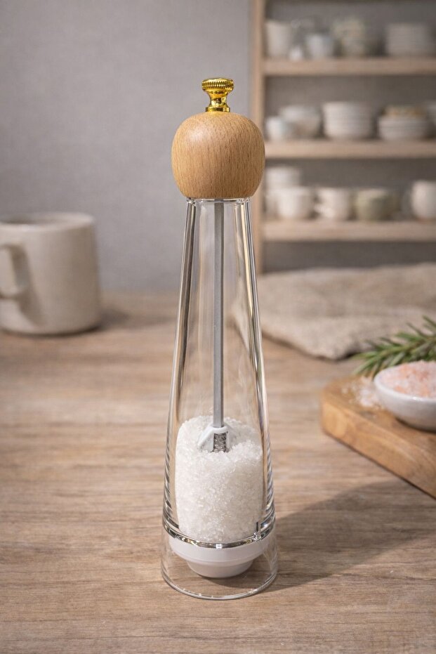 Transparent Acrylic Salt and Pepper Shaker Spice Grinder Mill with Wooden Head - 20 cm