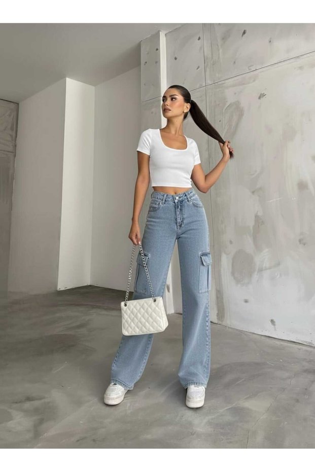 Maxy Stretch Fabric Women's Ice Blue Cargo Wash Super High Waist Loose Leg Denim Loose Palazzo Pants