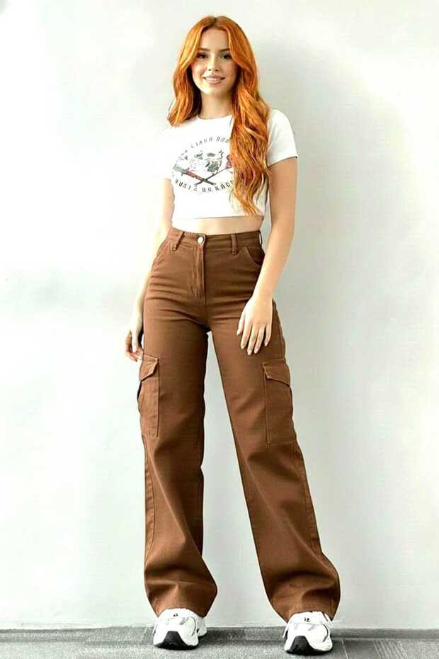 Martini Stretch Fabric Women's Coffee Cargo Wash Super High Waist Loose Leg Denim Loose Palazzo Pants