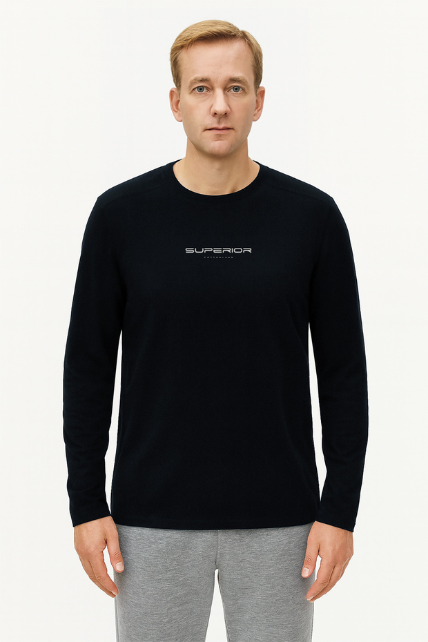 Men's Superior Long Sleeve O Neck Printed Combed Cotton T-Shirt Dark Blue