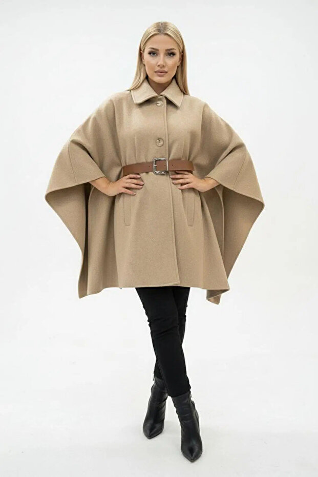 Women's Belted Shirt with Collar, Cashmere Fabric Poncho