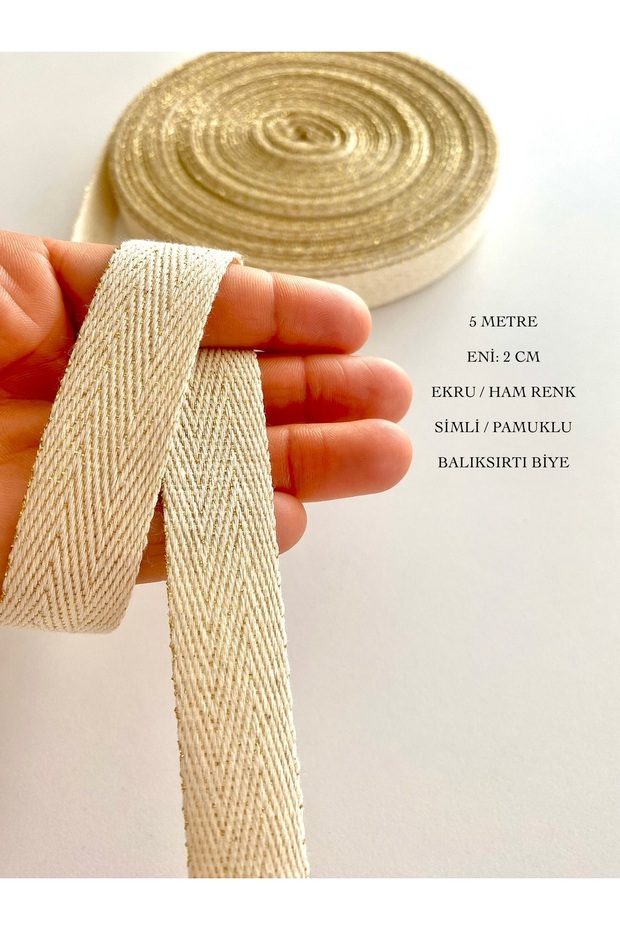 5 Meters Width 2 cm Ecru Raw Color Gold Glitter Cotton Narrow Webbing, Herringbone Piping, Multi-Purpose Ribbon