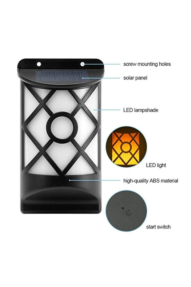مصباح جداري يعمل بالطاقة الشمسية، LED، تصميم زخرفي، إضاءة بيضاء ولهب، مادة ABS، أسود