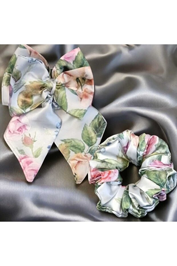 2-Piece Floral Satin Clip Bow and Hair Tie/Hair Clip/Hair Accessory
