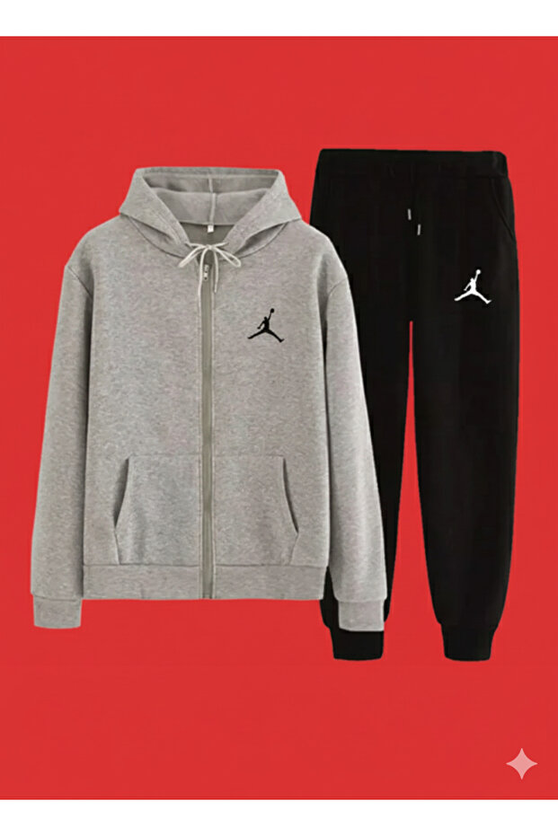 Gray Cardigan Black Tracksuit Set