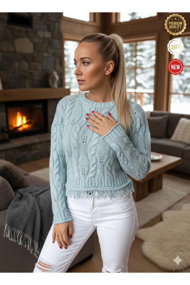 Women's Light Blue Hair Braid Hole Tassel Detailed Half Crop Sweater