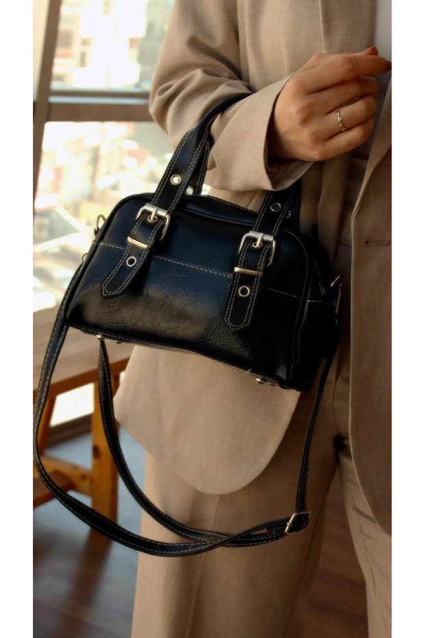 The Moiss Double Belt Detailed Black Color Soft Leather Women Hand and Arm Bag
