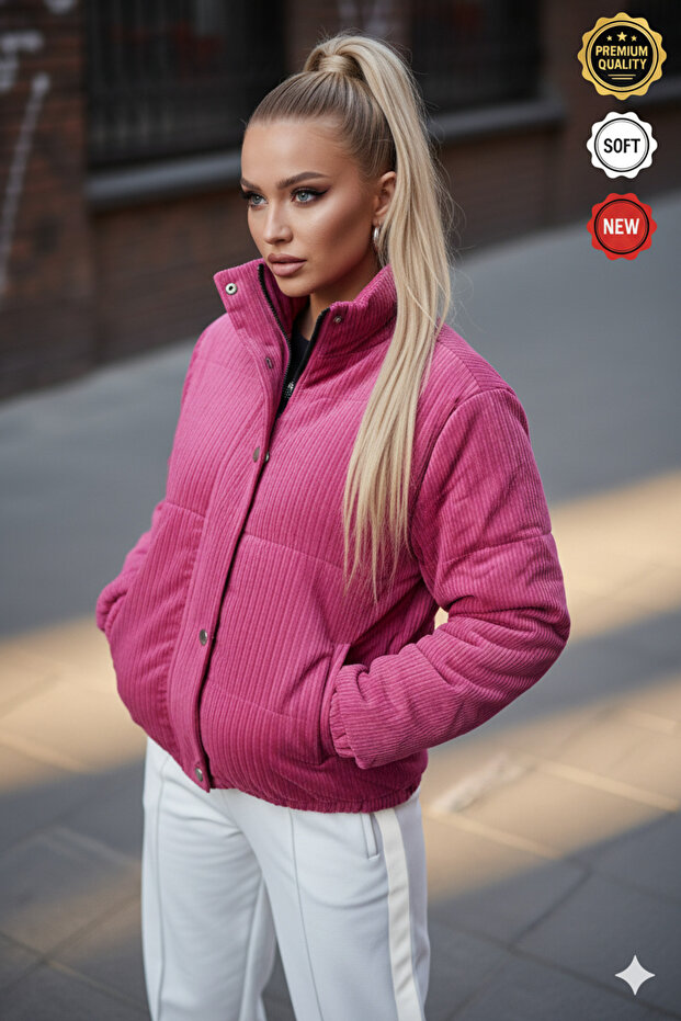 Women's Fuchsia Velvet Zip-Up Snap Button Jacket