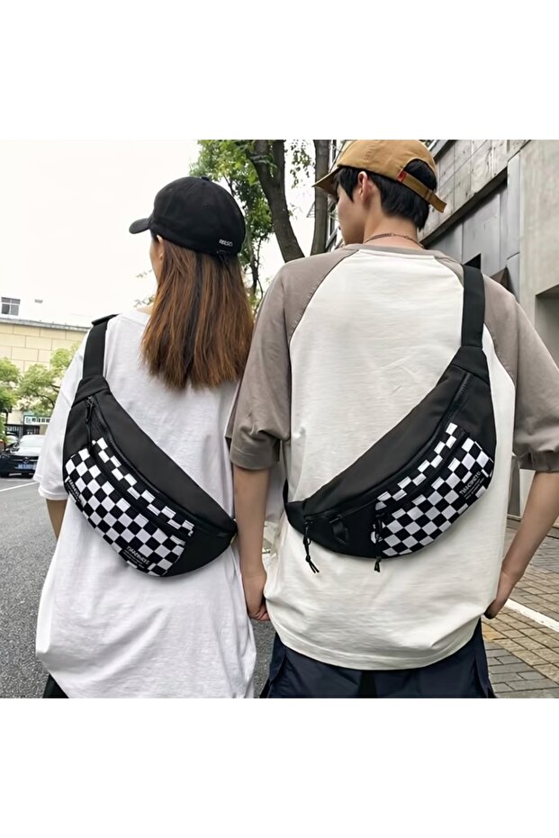 1Pc Unisex Large Capacity Checkered Stylish Cross-Body Bag-Large Waist Bag with Adjustable Strap