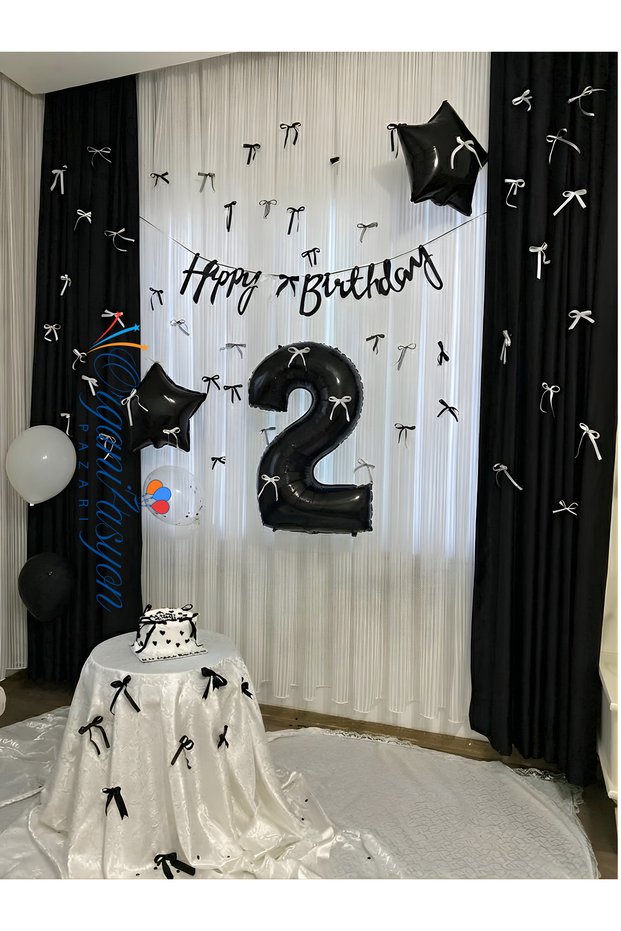 Black and White 2Nd Birthday Party Set – Number 2 Foil Balloon Happy Birthday Banner