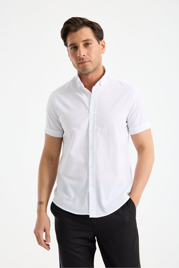 Short Sleeve Flam Linen 100% Cotton Slim Fit Men's Shirt