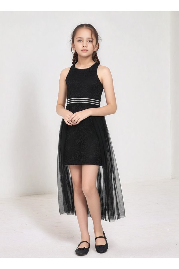 Girl's Waist-Tied Tulle Embroidered Stylish Black Evening Dress Graduation Special Occasion Dress