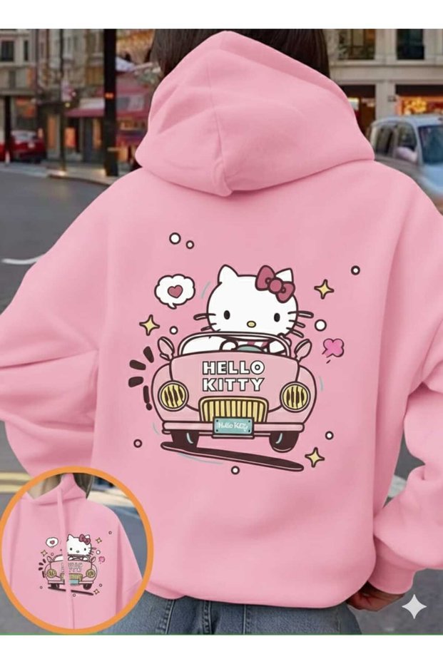 Araba Süren Hello Kitty Baskılı Oversize kapüşonlu sweatshirt